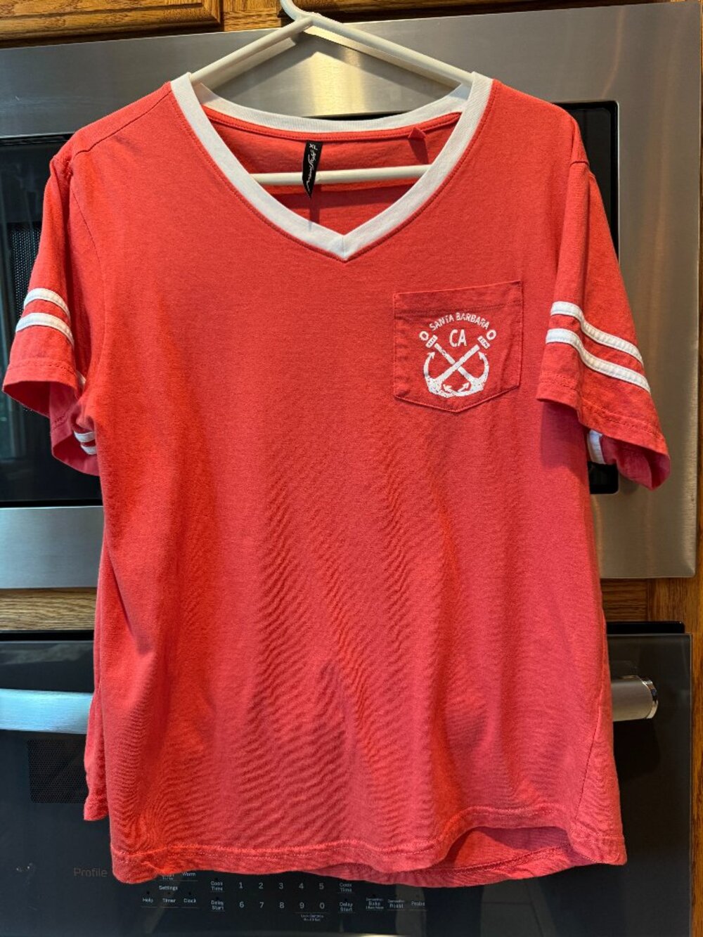 Women's Santa Barbara T Shirt Short Sleeve V Neck Red with White Trim XL